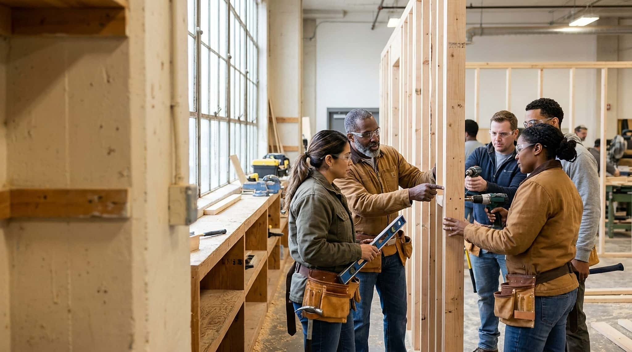 Adult apprentices framing a wall in an Ideal construction training lab while an instructor guides the work