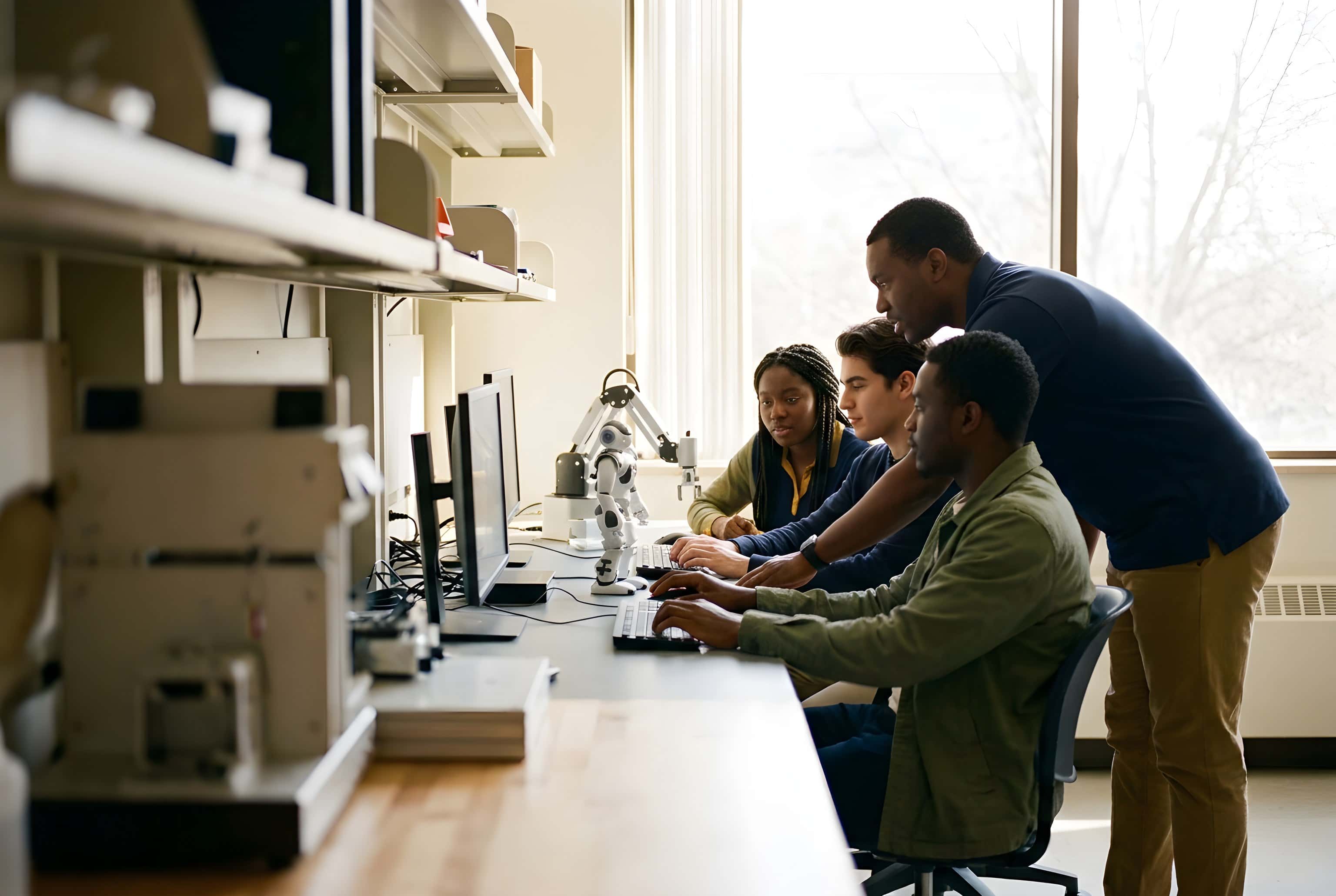 Students training with a robot and workstations at the Center for AI Technology