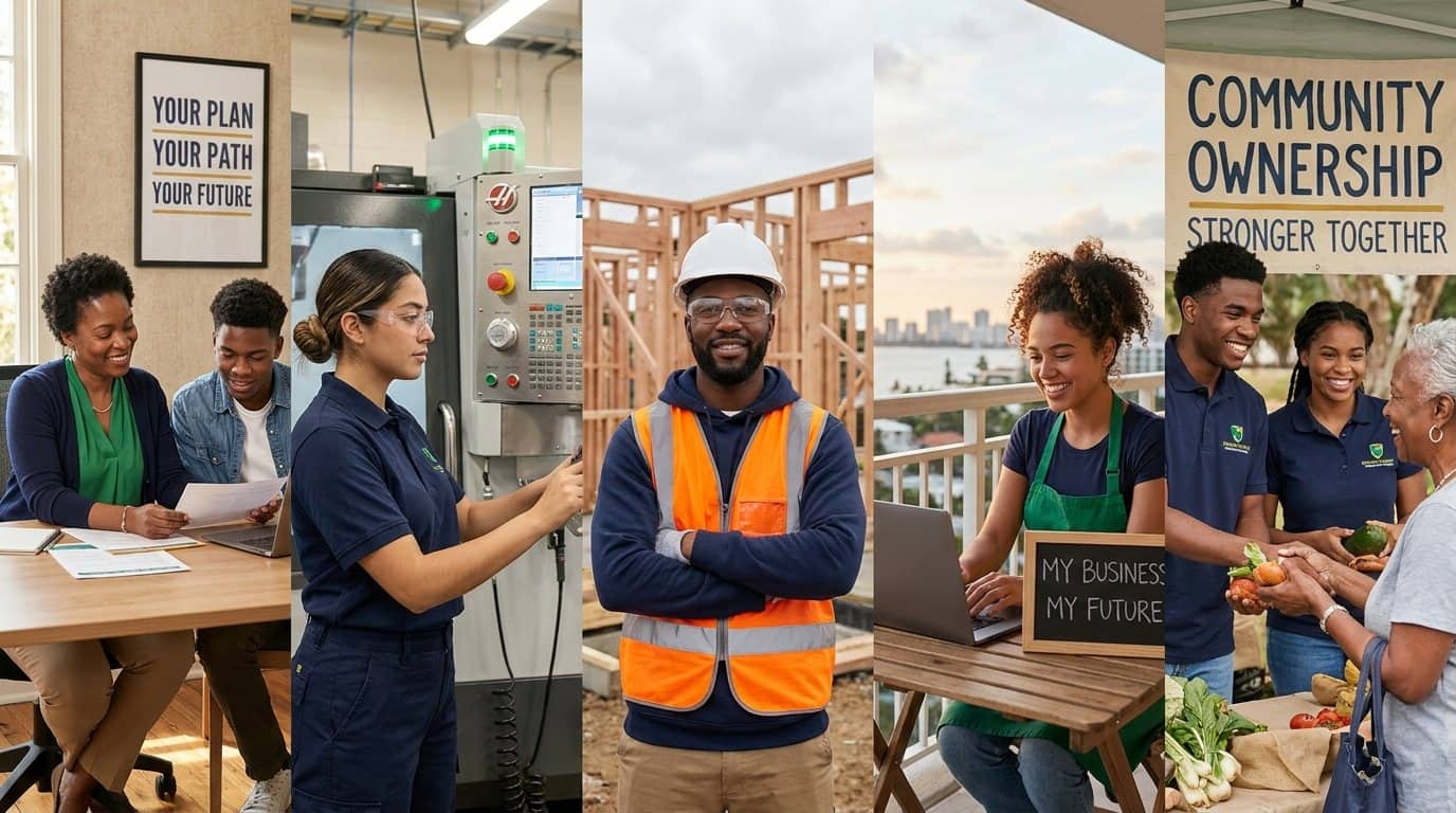 The IWOWS pathway in five frames — career planning, skills training, skilled trades, entrepreneurship, and a community cooperative — from public assistance to the middle class