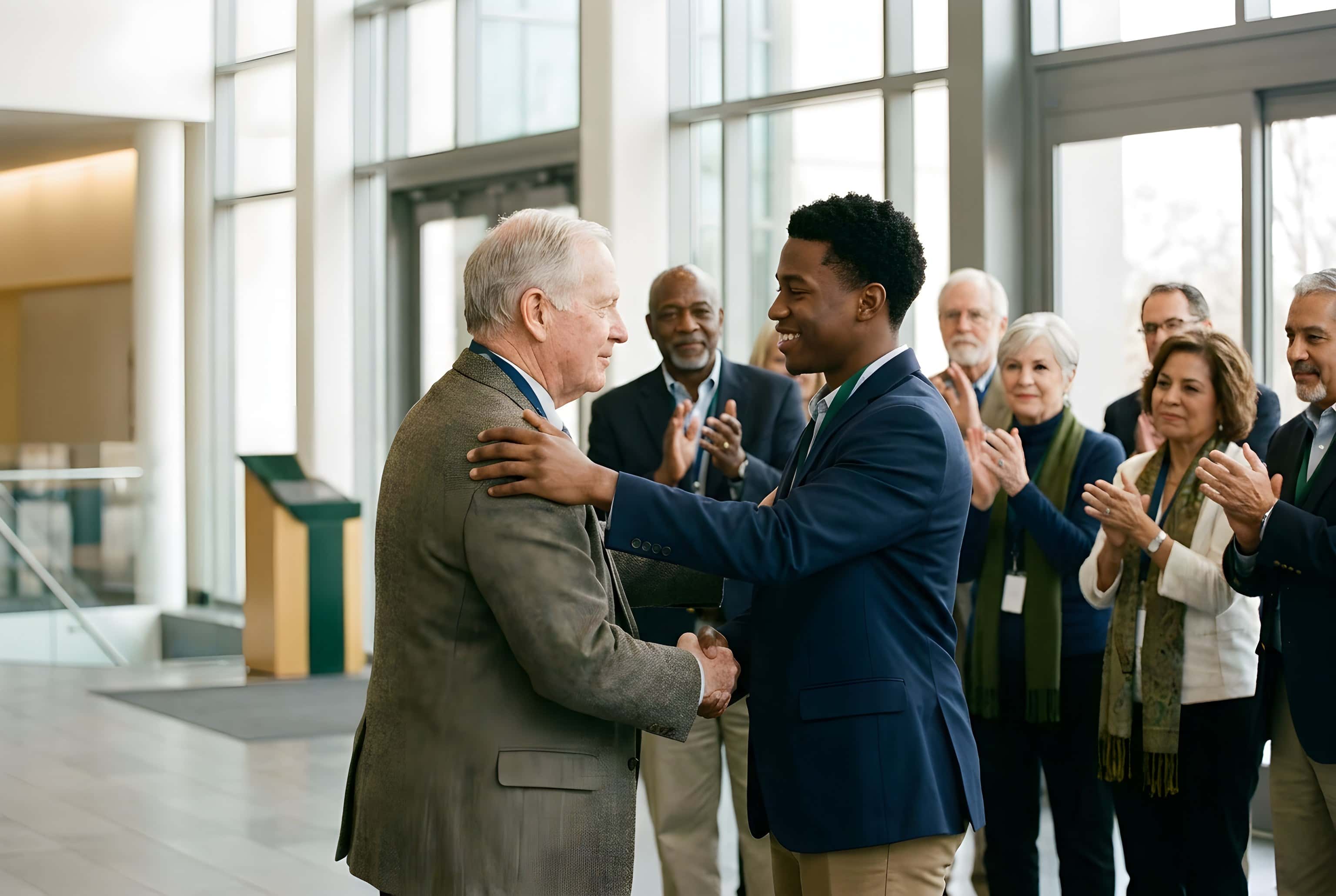 A mentor congratulating a young participant with a handshake as others applaud, the impact of giving