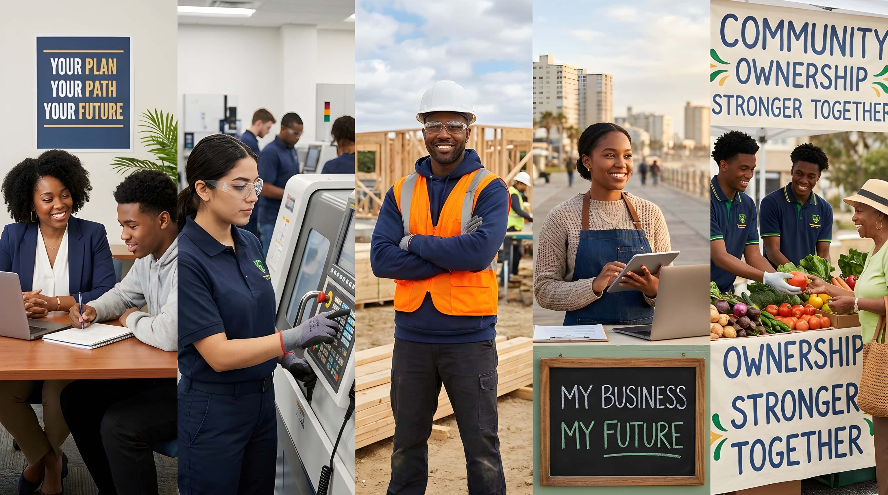 The IWOWS pathway across five scenes — career planning, skills training, skilled trades, a small-business owner, and a community cooperative market — from public assistance to the middle class