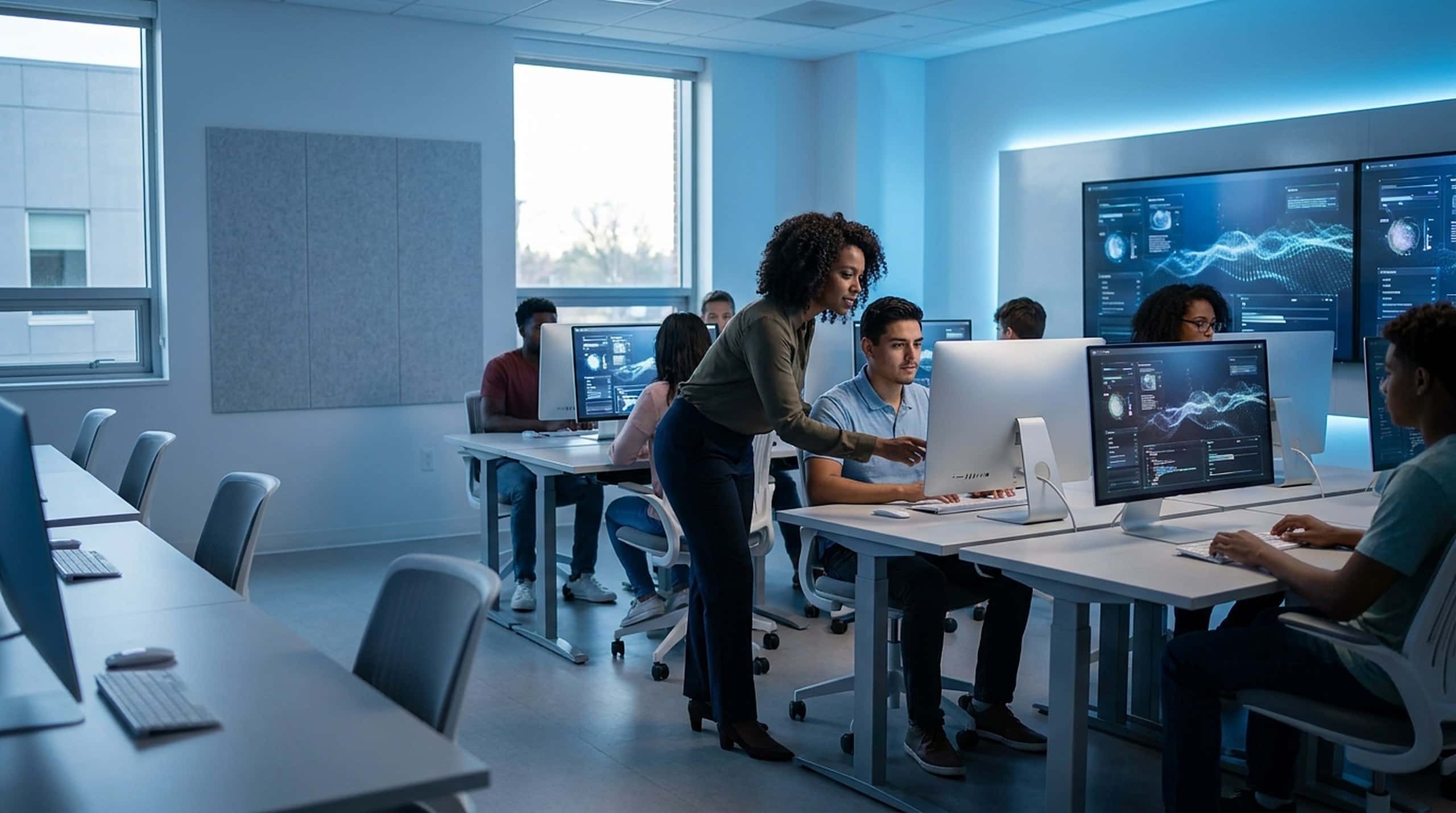Participants exploring AI, robotics, and automation in a community AI lab