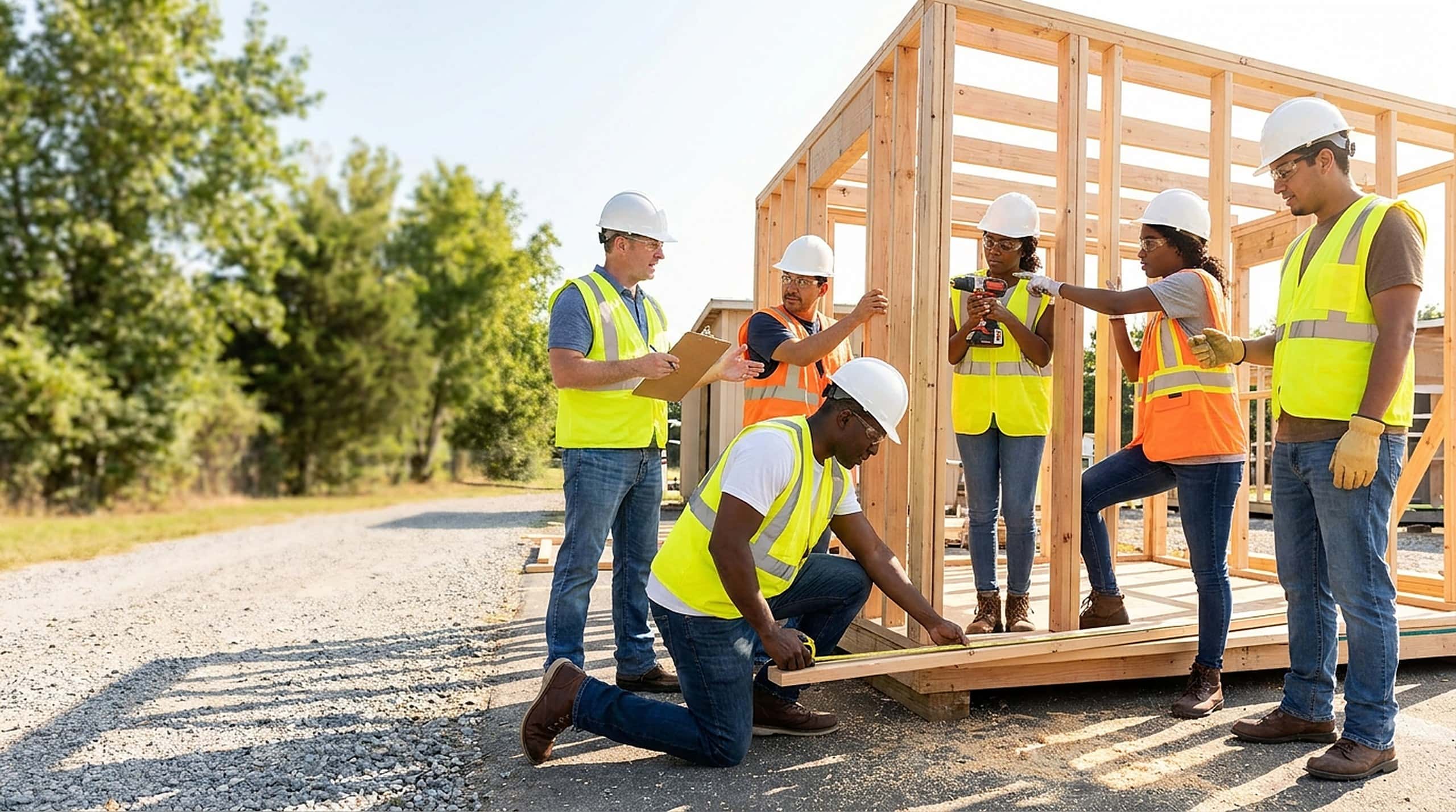 Trainees building construction and green-workforce skills on a hands-on project
