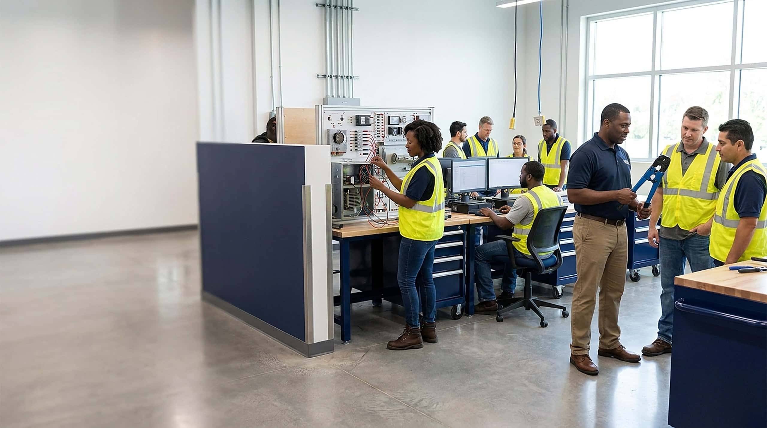 Adults training in a technology and skilled-trades lab at Ideal Institute of Technology